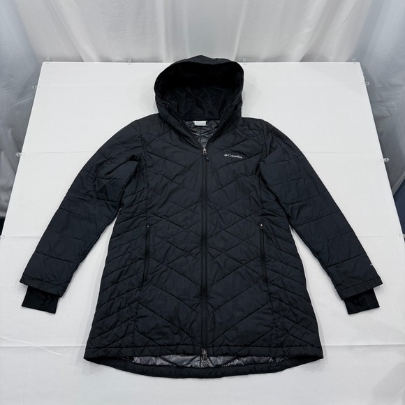 Columbia Omni Heat Heavenly Long Puffer Jacket Womens XL Black Hooded Parka - Picture 1 of 12